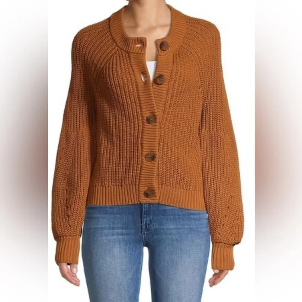 525 AMERICA Cognac cotton heavy knit balloon sleeves size large - Picture 1 of 11